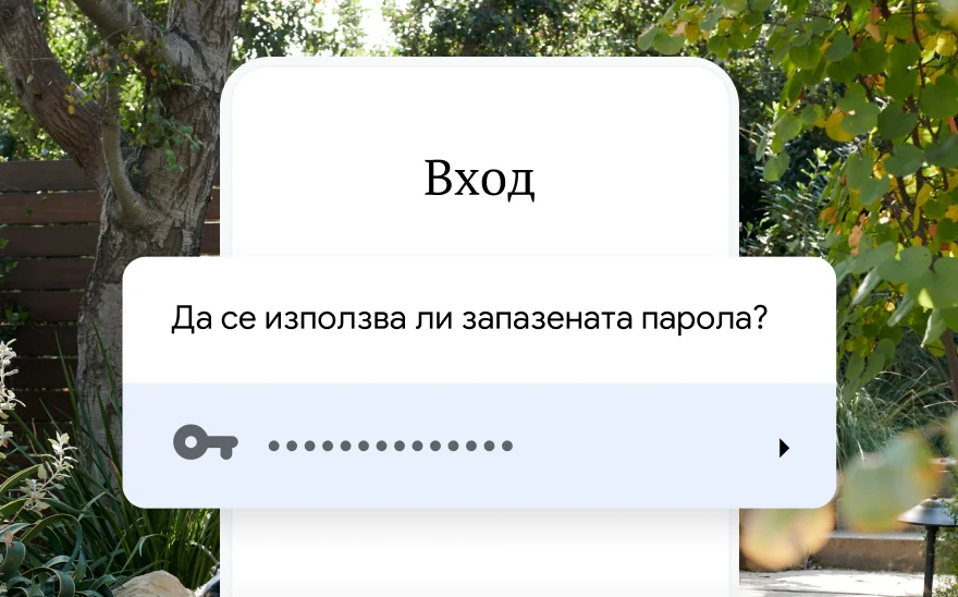 Страница за вход в профил за резервация за пътуване извежда запитване за използване на запазена парола. На заден план се вижда пейзаж.