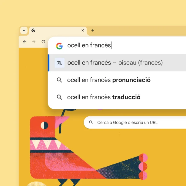 Pàgina de cerca de Google amb la imatge d'un ocell i la consulta 'ocell en francès' amb el resultat 'oiseau'