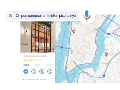 En fer una cerca de veu preguntant 'On puc comprar un telèfon pixel a nyc', es mostra un resultat d'una botiga de Google a Nova York