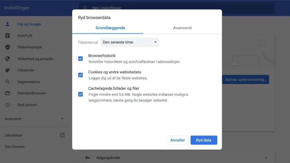 Vindue med Chrome-browserindstillinger, der viser indstillingsmenuen for Ryd browserdata.
