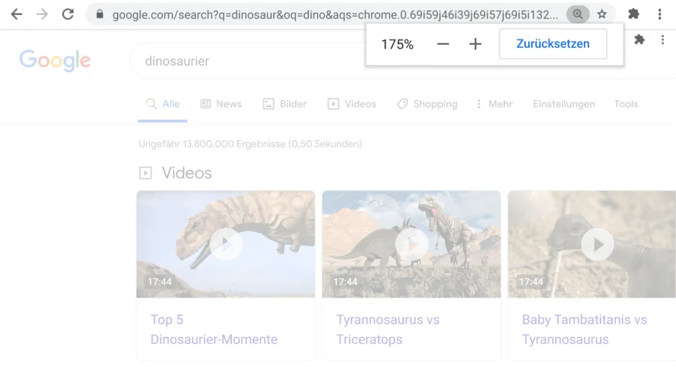 Chrome-Browserfenster mit einer Webseite, auf der die Zoomfunktion aktiviert ist.