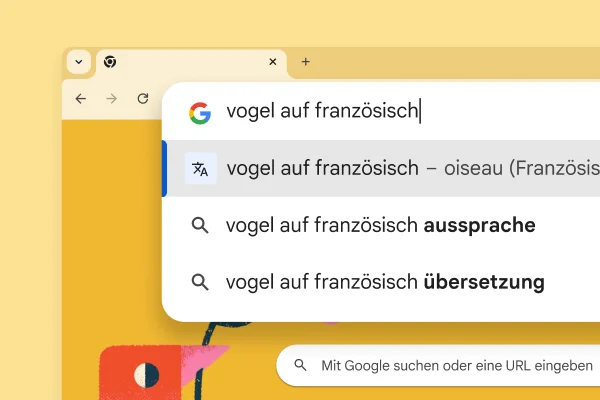 Die Seite der Google Suche mit einem Bild von einem Vogel und einer Suche nach „vogel auf französisch“ mit dem Ergebnis „oiseau“