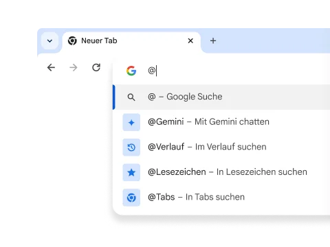 Ein Drop‑down-Menü mit Verknüpfungen für Gemini, den Verlauf, Lesezeichen und Tabs.