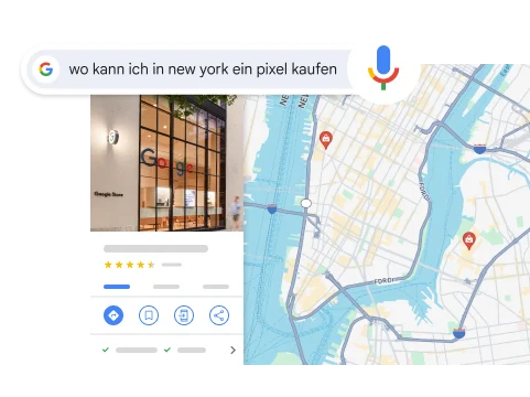 Eine Sprachsuche nach „wo kann ich in new york ein pixel kaufen“ zeigt als Ergebnis einen Google Store in New York.