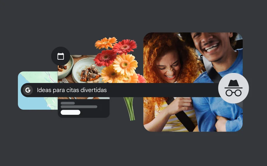 Una barra de búsqueda que dice 'Ideas para citas divertidas' con flores, comida, un mapa y una pareja riendo en el fondo.