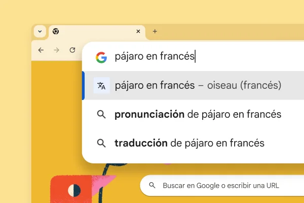 La página de la Búsqueda de Google con una imagen de un pájaro y la búsqueda 'pájaro en francés' con el resultado 'oiseau'