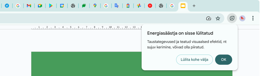 Kursoriga on klõpsatud Energiasäästja ikoonil, mis selgitab, et mälumahu säästmiseks on taustategevust ja teatud visuaalefekte piiratud.