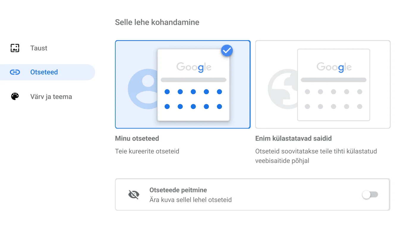 Chrome’i brauseri seadete aken, milles on kuvatud dialoog Otseteed.