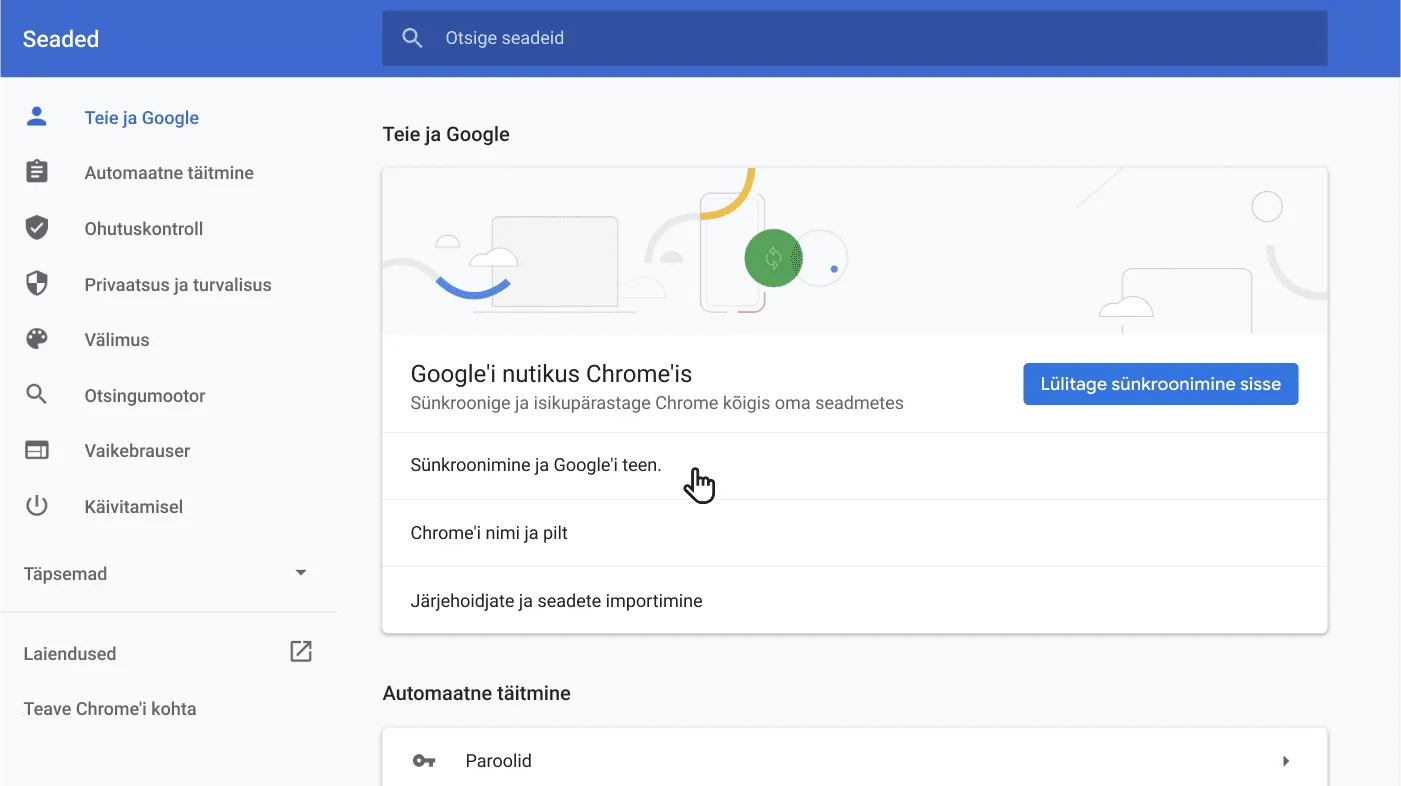 Chrome’i brauseri seadete aken, milles on kuvatud valikute menüü Teie ja Google.
