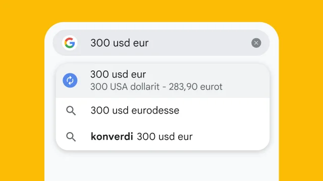 Kasutaja sisestas Chrome’i aadressiribale fraasi „300 usa dollarit eurodeks“ ja aadressiriba genereeris kohe tulemused.