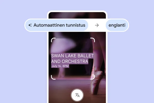 Verkkosivusto, jossa on kuva kärkitossuista ja käännetty teksti 'Swan Lake ballet and Orchestra, July 16, 8pm'