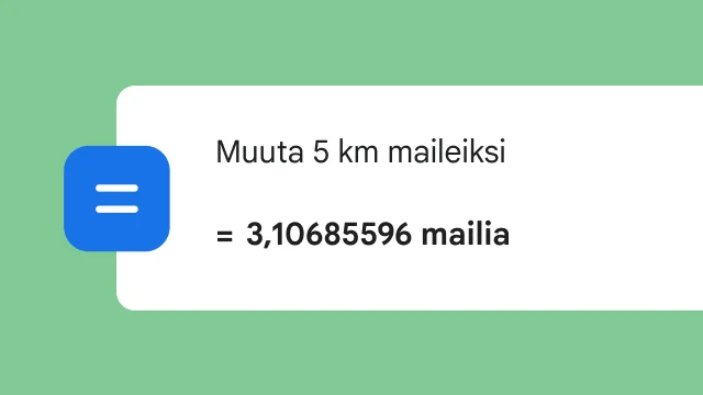 Haku muuntaa viisi kilometriä maileiksi ja näyttää tuloksen 3,106 mailia.