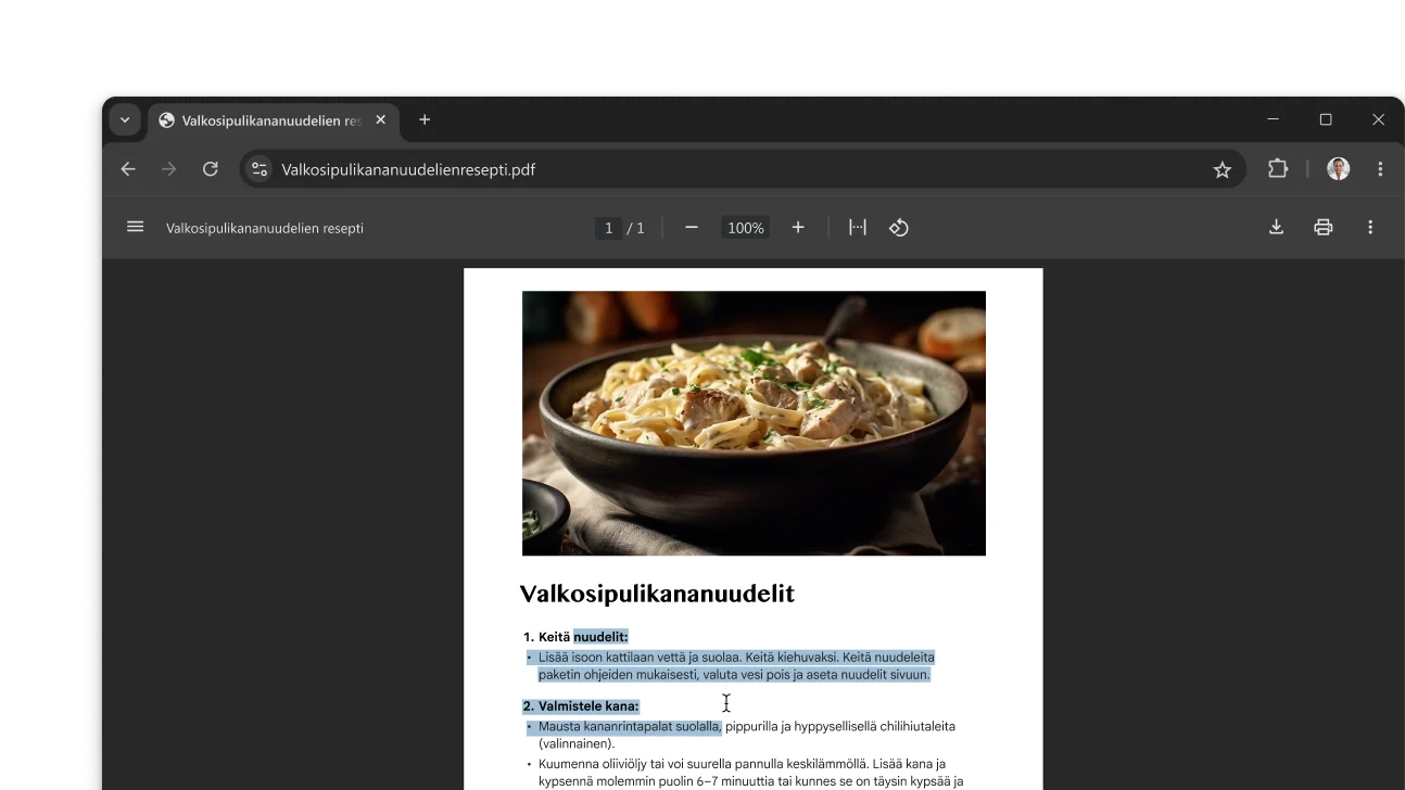 Chrome-selainikkunassa on avoinna PDF-tiedosto, jossa on resepti. Käyttäjä on valinnut tekstiä PDF-tiedostosta.