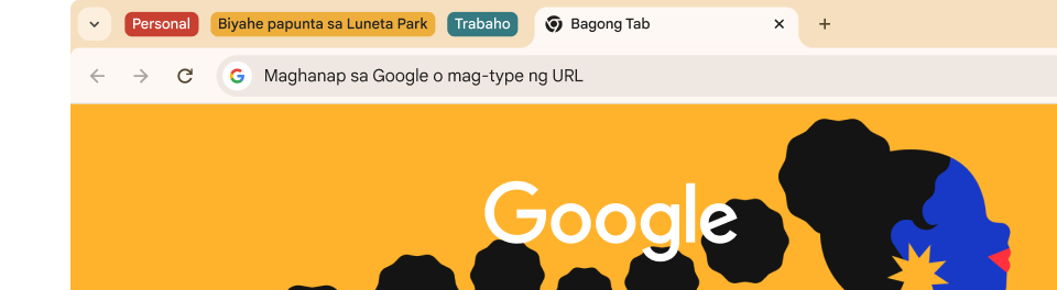 Nagtatampok ang UI ng browser ng tatlong grupo ng mga tab: Personal, Pamamasyal sa Arches, at Trabaho.