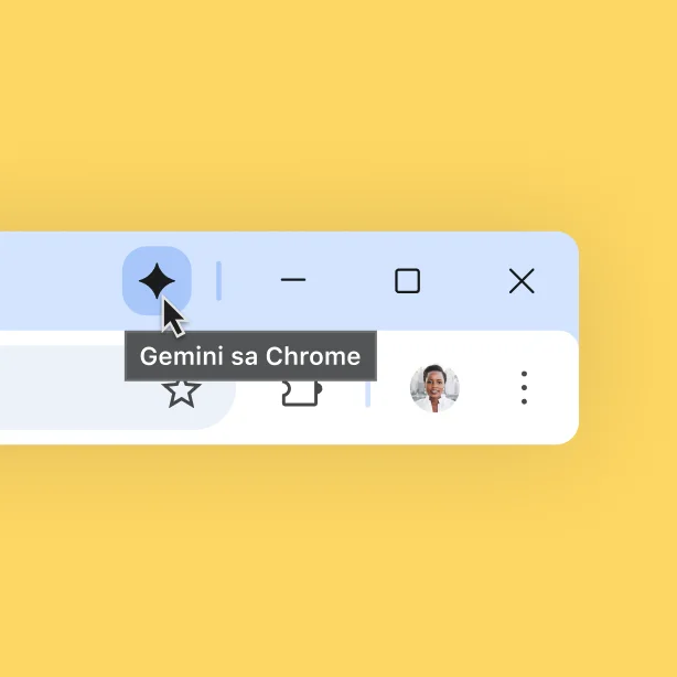 May ipinapakitang icon ng Gemini sa itaas ng Chrome browser bar. Nagho-hover ang user sa icon. Isang tooltip na nagsasabing 'Gemini sa Chrome.'