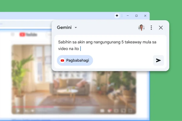 Nasa page ng YouTube ang pop-up ng Gemini sa Chrome. Humihingi ang user sa Gemini sa Chrome ng nangungunang 5 takeaway mula sa video.
