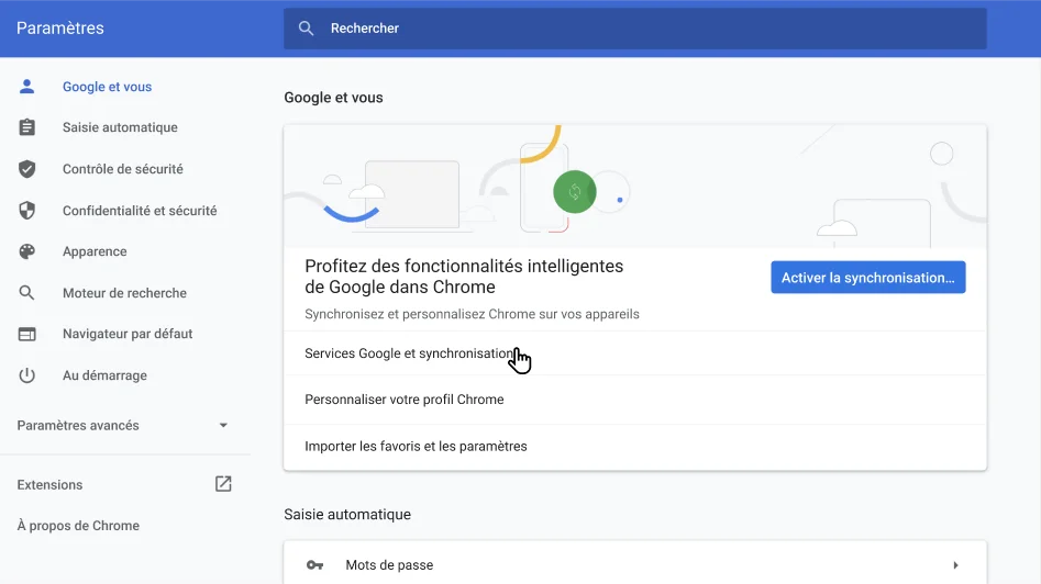 Fenêtre des paramètres du navigateur Chrome affichant le menu d'options 