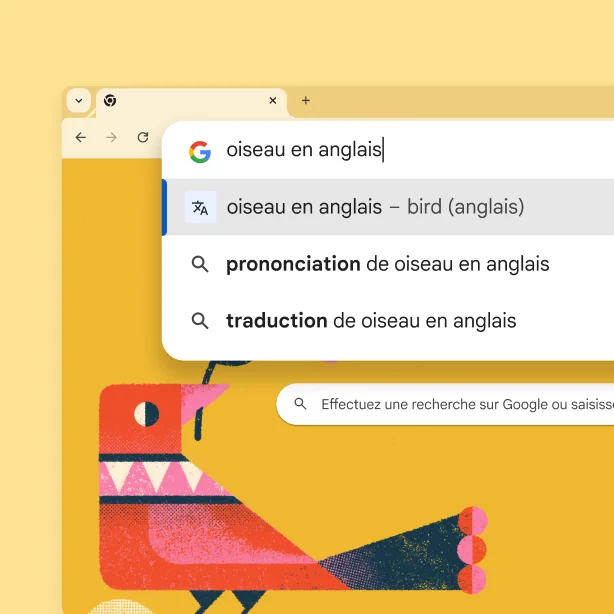 La page de Recherche Google avec une image d'oiseau et une recherche « Bird in French » avec le résultat « oiseau »