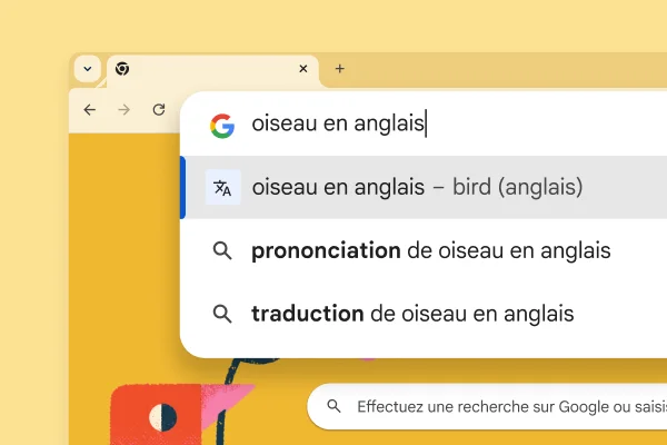 La page de Recherche Google avec une image d'oiseau et une recherche « Bird in French » avec le résultat « oiseau »