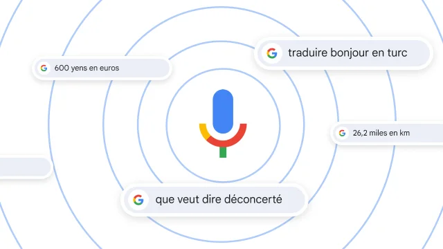 Un microphone est entouré de diverses recherches vocales.