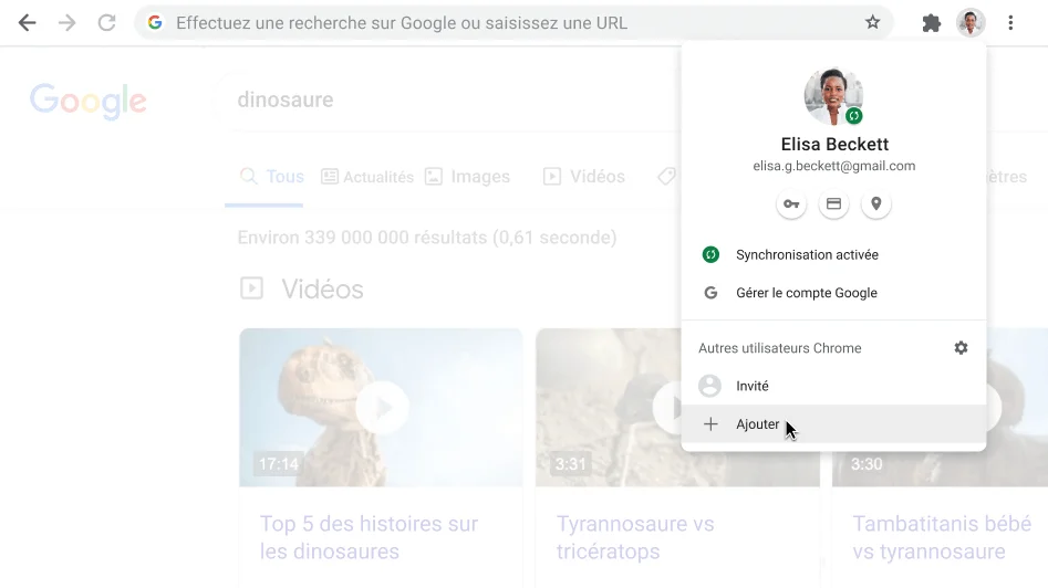 Fenêtre du navigateur Chrome avec la boîte de dialogue du profil ouvert.