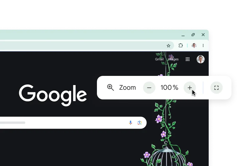La page d'accueil Google et un pop-up avec le zoom défini sur 100 %.