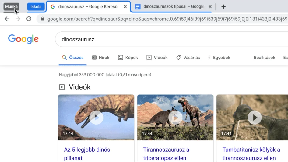 A Chrome-ablakban egy lapcsoport összecsukása látható.