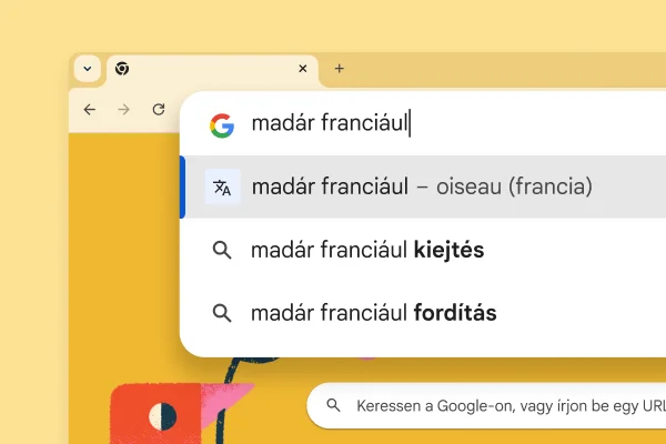 A Google keresési oldala egy madár képével és a „Bird in French” (madár franciául) keresőkifejezéssel, amelynek az eredménye „oiseau”