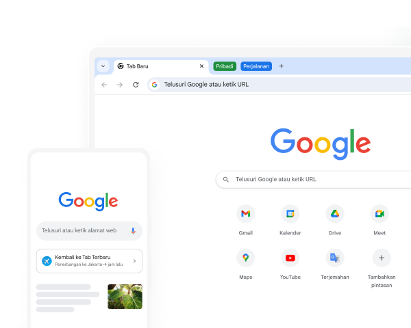 Perangkat seluler dan komputer desktop menampilkan halaman beranda Google di Chrome.