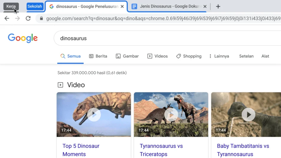 Jendela browser Chrome menampilkan grup tab yang dikecilkan.