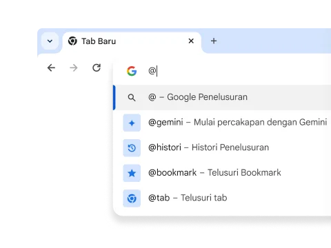 Dropdown dengan pintasan untuk Gemini, Histori, Bookmark, dan Tab.