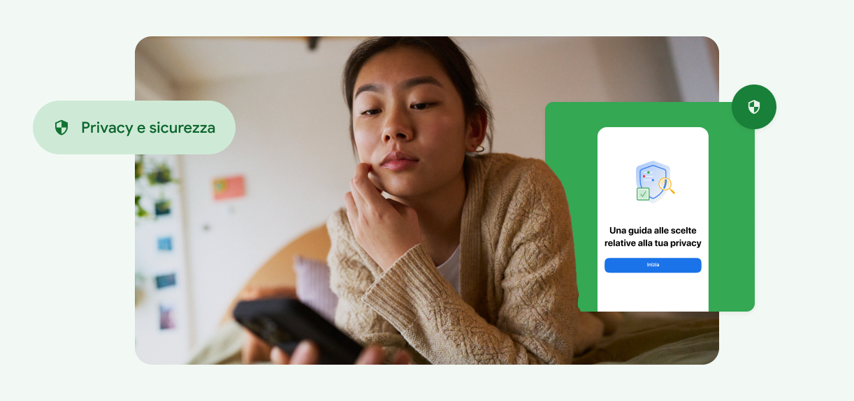 Una donna si tocca il volto e guarda il suo smartphone.