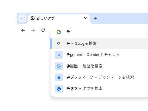 Gemini、履歴、ブックマーク、タブのショートカットが表示されたプルダウン。