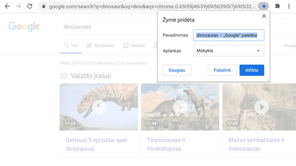 „Chrome“ naršyklės langas, kuriame matomas atidarytas žymės dialogo langas.