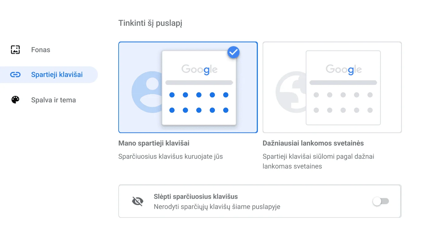 „Chrome“ naršyklės nustatymų langas, kuriame rodomas sparčiųjų klavišų dialogo langas.