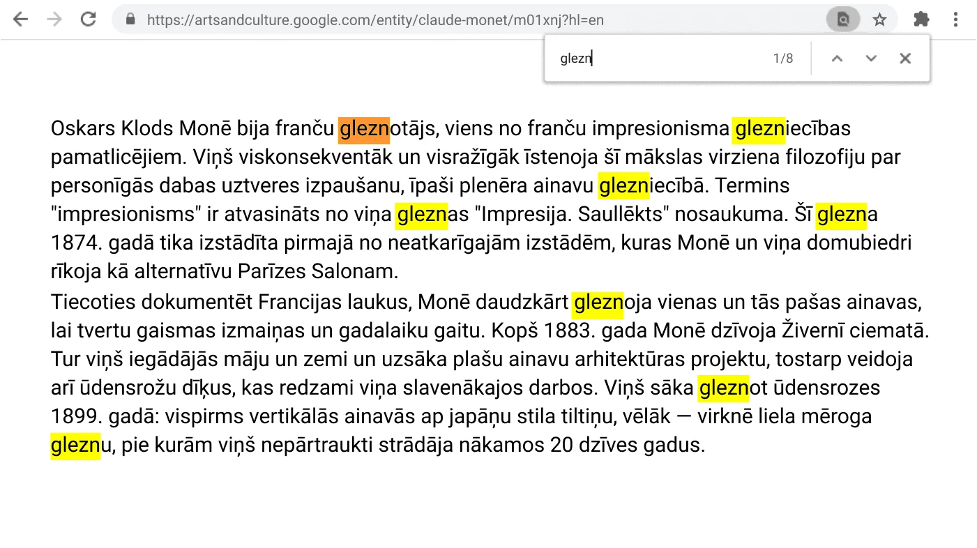 Pārlūka Chrome logs, kurā ir atvērta tīmekļa lapa ar aktīvu atrašanas funkciju.