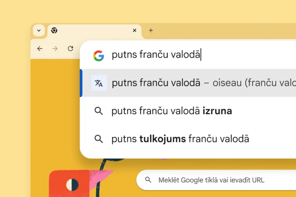 Google meklēšanas lapa ar putna attēlu un meklēšanas vaicājumu “putns franču valodā” un rezultātu “oiseau”