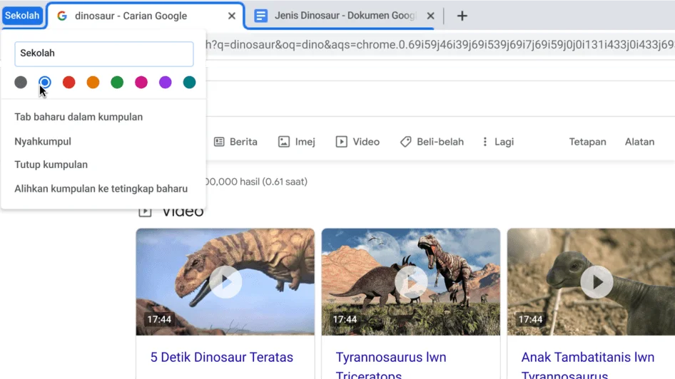 Tetingkap penyemak imbas Chrome dengan kotak dialog yang memaparkan kumpulan tab sedang dinamakan