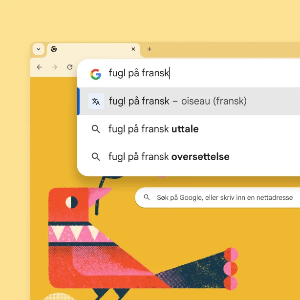 Google-søkesiden med et bilde av en fugl og et søk på «fugl på fransk», med resultatet «oiseau»