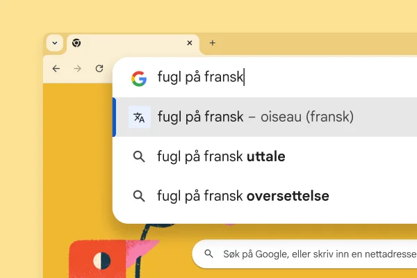 Google-søkesiden med et bilde av en fugl og et søk på «fugl på fransk», med resultatet «oiseau»