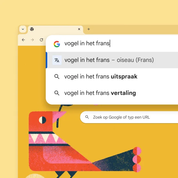 De Google-zoekpagina met een foto van een vogel en een zoekopdracht voor 'Bird in French' met het resultaat 'oiseau'