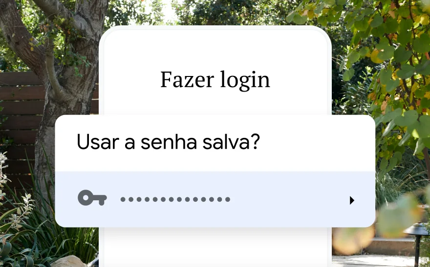 Uma página de login para uma reserva de viagem pede para usar uma senha salva. Ao fundo, há uma cena na natureza.