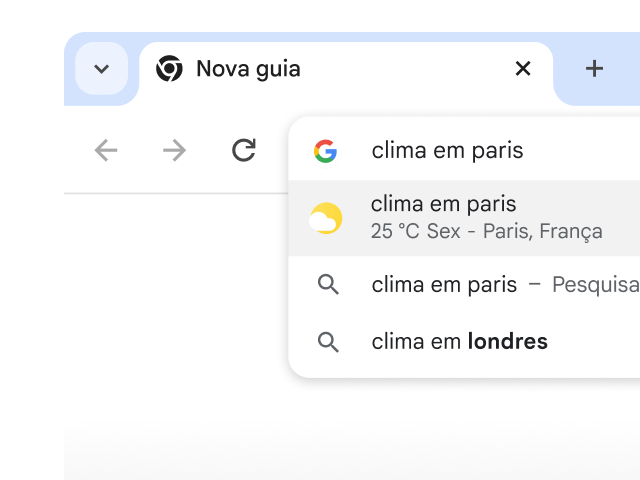 Um usuário digita 'clima em Paris' em uma barra de endereço do Chrome, que mostra resultados na hora.
