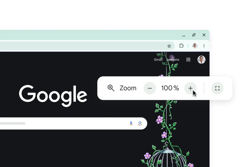 A página inicial do Google e um pop-up com o zoom definido para 100%