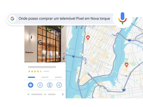 Uma pesquisa por voz por 'Onde posso comprar um telemóvel Pixel em Nova Iorque' mostra um resultado de uma loja da Google em Nova Iorque.