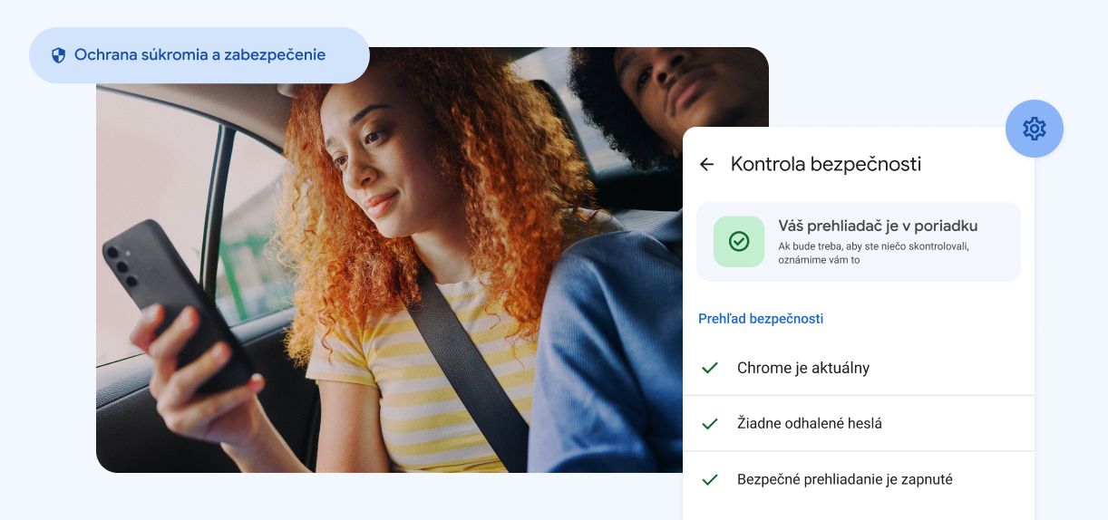Žena hľadí na telefón. Vidieť prvky s textom „Privacy and Security“ a upozornenie na odhalené heslá.