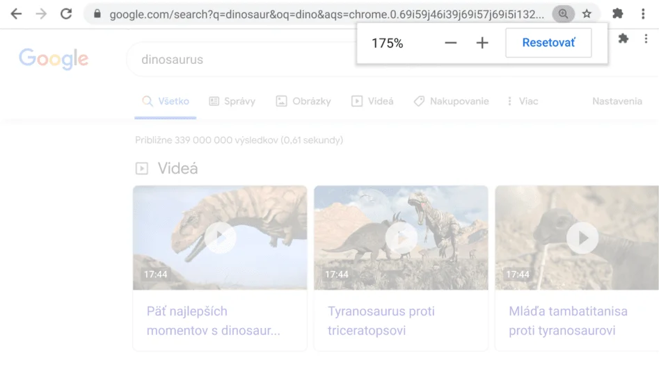 Okno prehliadača Chrome s webovou stránkou s aktívnou funkciou Lupa.