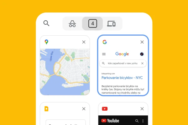 Mobilný prehliadač s načítanými kartami z prehliadača pre počítače vrátane Máp Google a informácií o parkovaní v New Yorku.