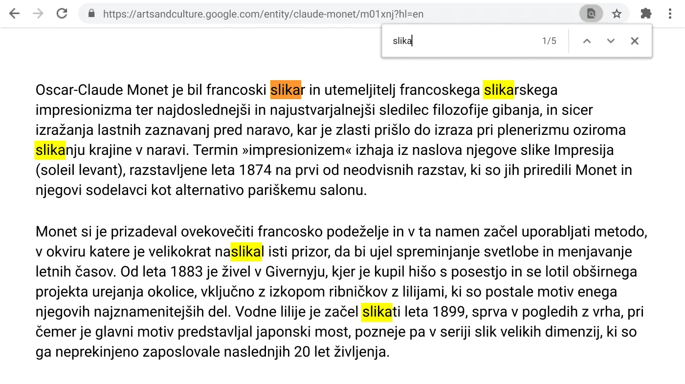 Okno v brskalniku Chrome, v katerem je odprta spletna stran z aktivno funkcijo za iskanje.