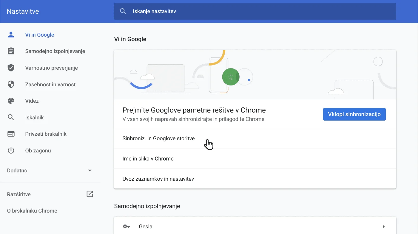 Okno z nastavitvami v brskalniku Chrome, ki prikazuje meni z možnostmi »Vi in Google«.